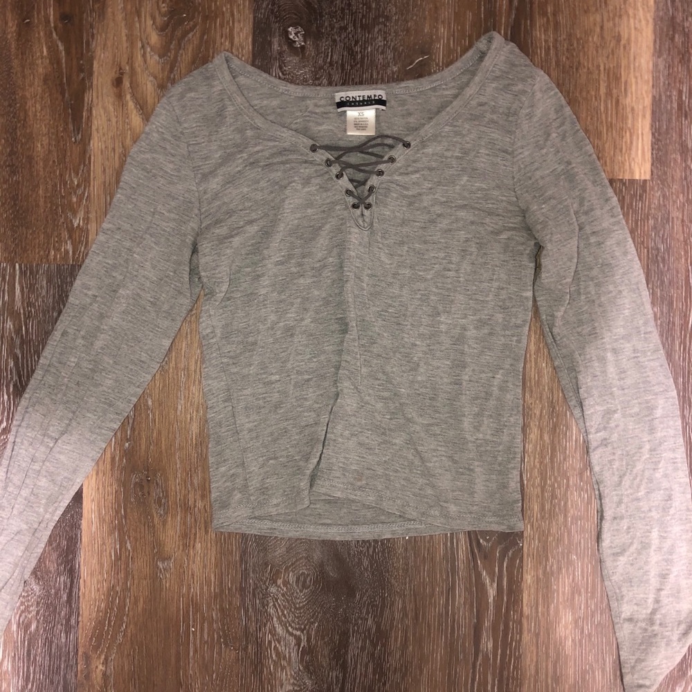 Long sleeve criss cross grey long sleeve top